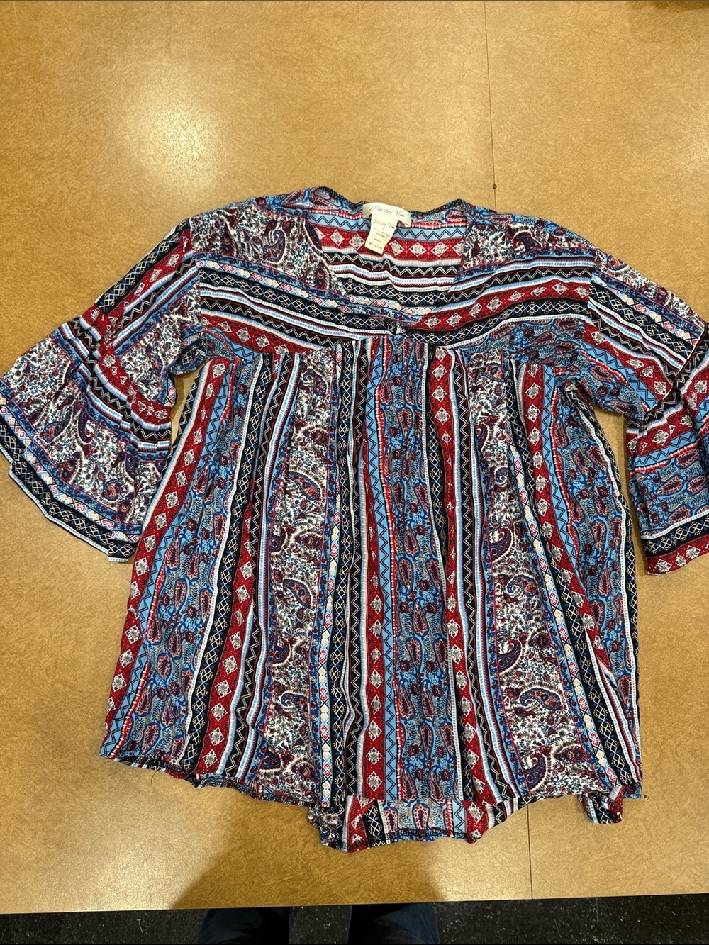 Paisley Vine Boho Stripe & Paisley Peasant Flowy Blouse - Red/Blue Size S